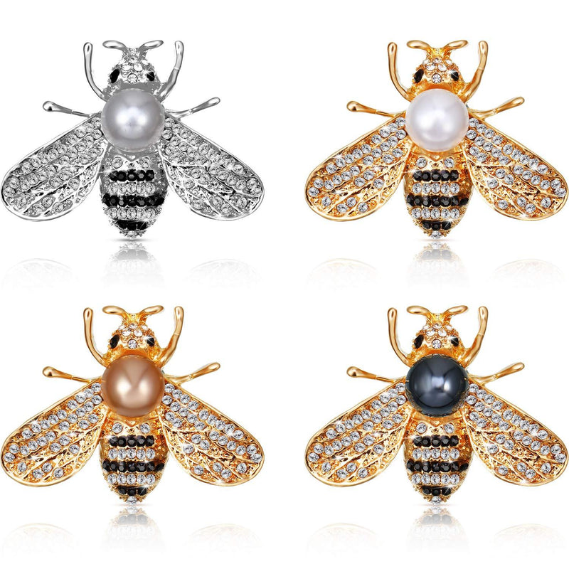 [Australia] - 4 Pieces Honey Bee Brooch Lapel Pins for Women Crystal Insect Themed Bee Brooches with Faux Pearl Fashion Gift for Birthday Dating Party Anniversary 