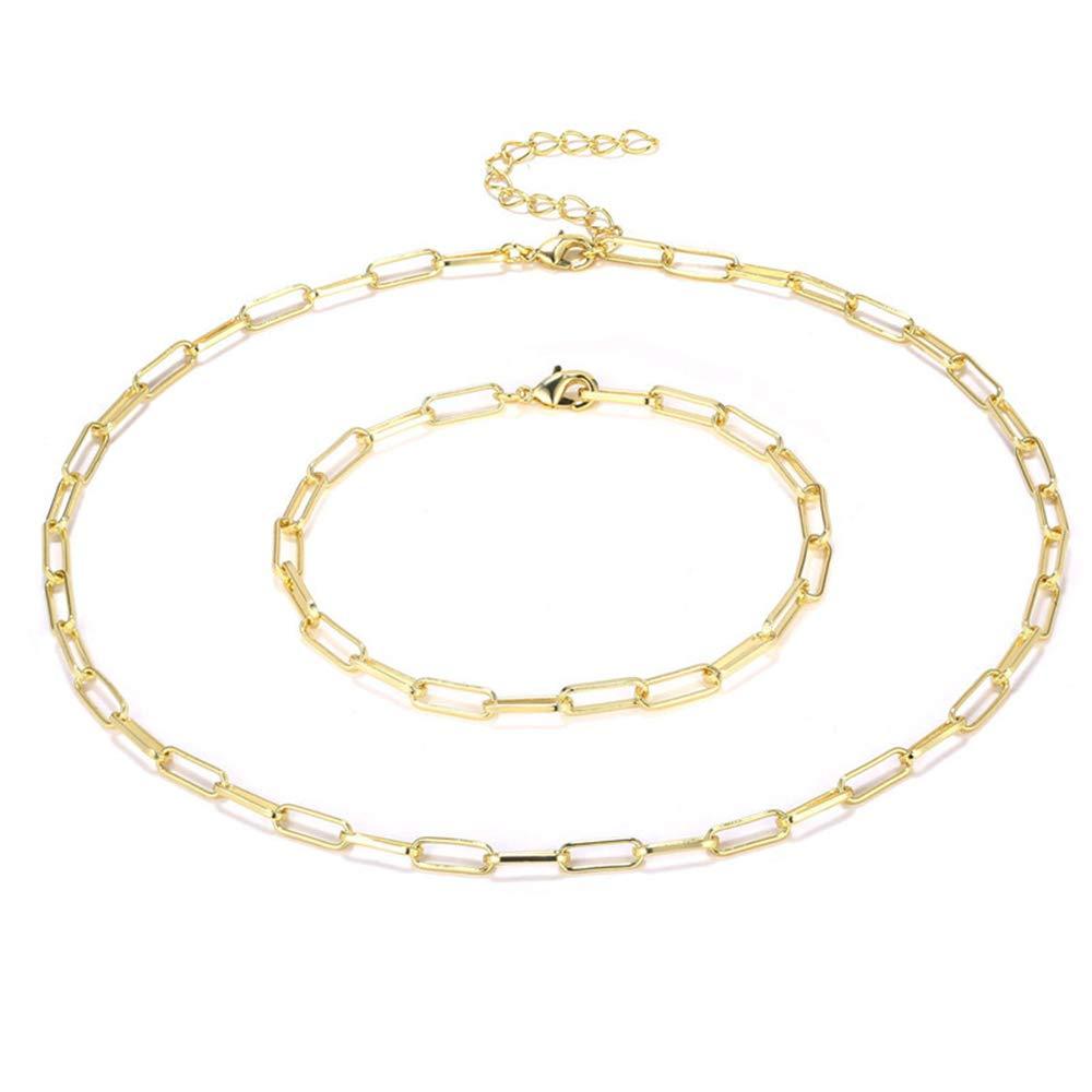 [Australia] - JAYUMO 14K Gold Plated Chain 4mm Dainty Rectangle Link Choker Necklace for Women 16 inch Necklace and 7.5 inch Bracelet Set 
