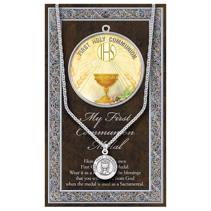 [Australia] - Rosemarie Collections Religious Gift Round First Holy Communion Medal Pendant Necklace with Prayer Card, 18" 