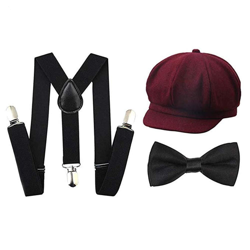 [Australia] - Kids Boys Suspenders and Bow Tie Set 1920s Great Gatsby Gangster Newsboy Hat Cap Costume Accessories 