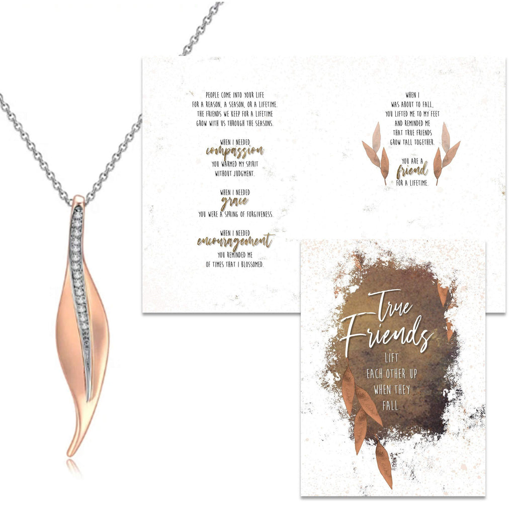 [Australia] - Smiling Wisdom - Rose Gold With Cubic Zirconia Long Leaf Necklace Gift Set - Reason Season Lifetime Friendship Greeting Card - Her True Best Woman BFF Friend – 18K Rose Gold Plated 