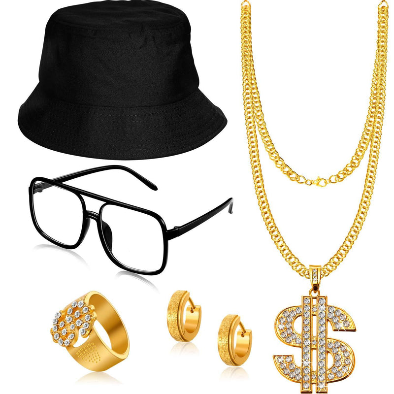[Australia] - 5 PCS Hip Hop Costume Kit Bucket Hat Sunglasses Dollar Sign Chain Ring Earring Black 