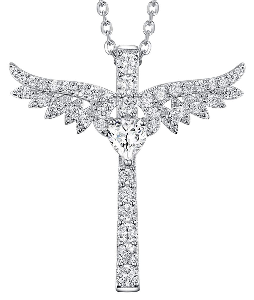 [Australia] - Re Besta April Birthstone Simulated Diamond Necklace for Women Teen Girls Birthday Gifts Angel Wings Jewelry Sterling Silver Aquamarine Necklace April Birthstone Angel Wings Love Heart Necklace 