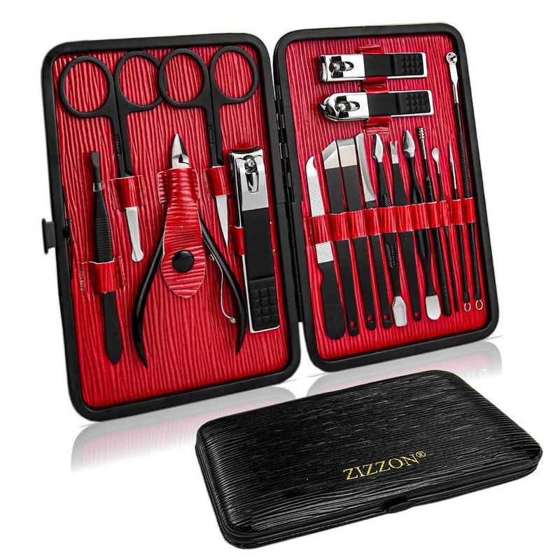 [Australia] - ZIZZON Manicure Set 18 in 1 Professional Pedicure Set Nail scissors Grooming Kit with Leather Travel Case Black 