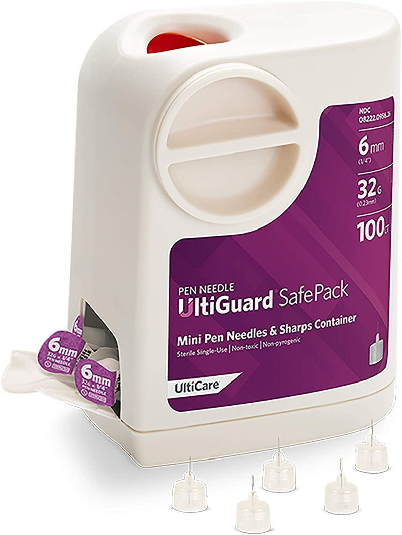 [Australia] - All-in-One UltiGuard Safe Pack Pen Needles and Sharps Container for at-Home Insulin Injections and Safe Needle Disposal, Size: Mini 6mm (1/4”) x 32G, 100 Count Self-disposal 