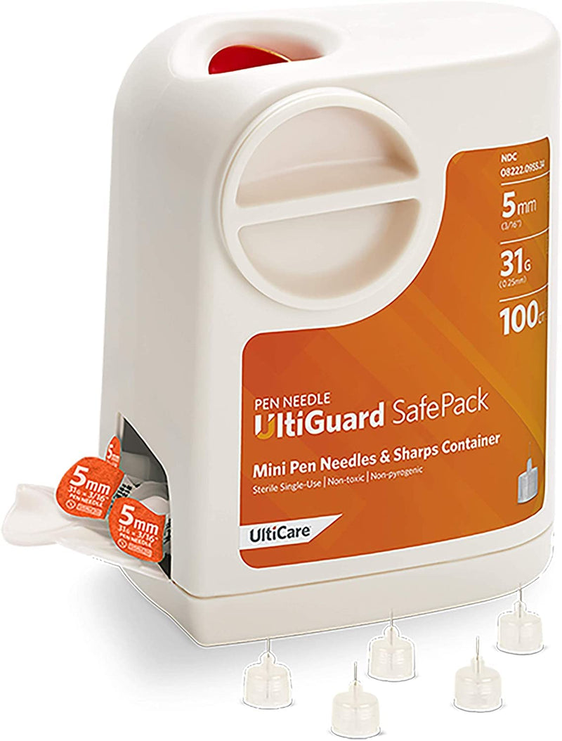 [Australia] - All-in-One UltiGuard Safe Pack Pen Needles and Sharps Container for at-Home Insulin Injections and Safe Needle Disposal, Size: Mini 5mm (3/16”) x 31G, 100 Count Self-disposal 