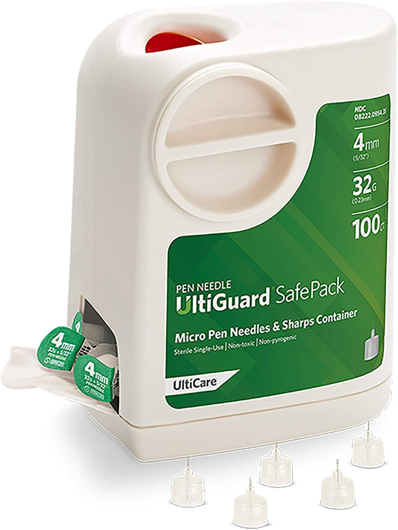 [Australia] - All-in-One UltiGuard Safe Pack Pen Needles and Sharps Container for at-Home Insulin Injections and Safe Needle Disposal, Size: Mini 4mm (5/32”) x 32G, 100 Count Self-disposal 