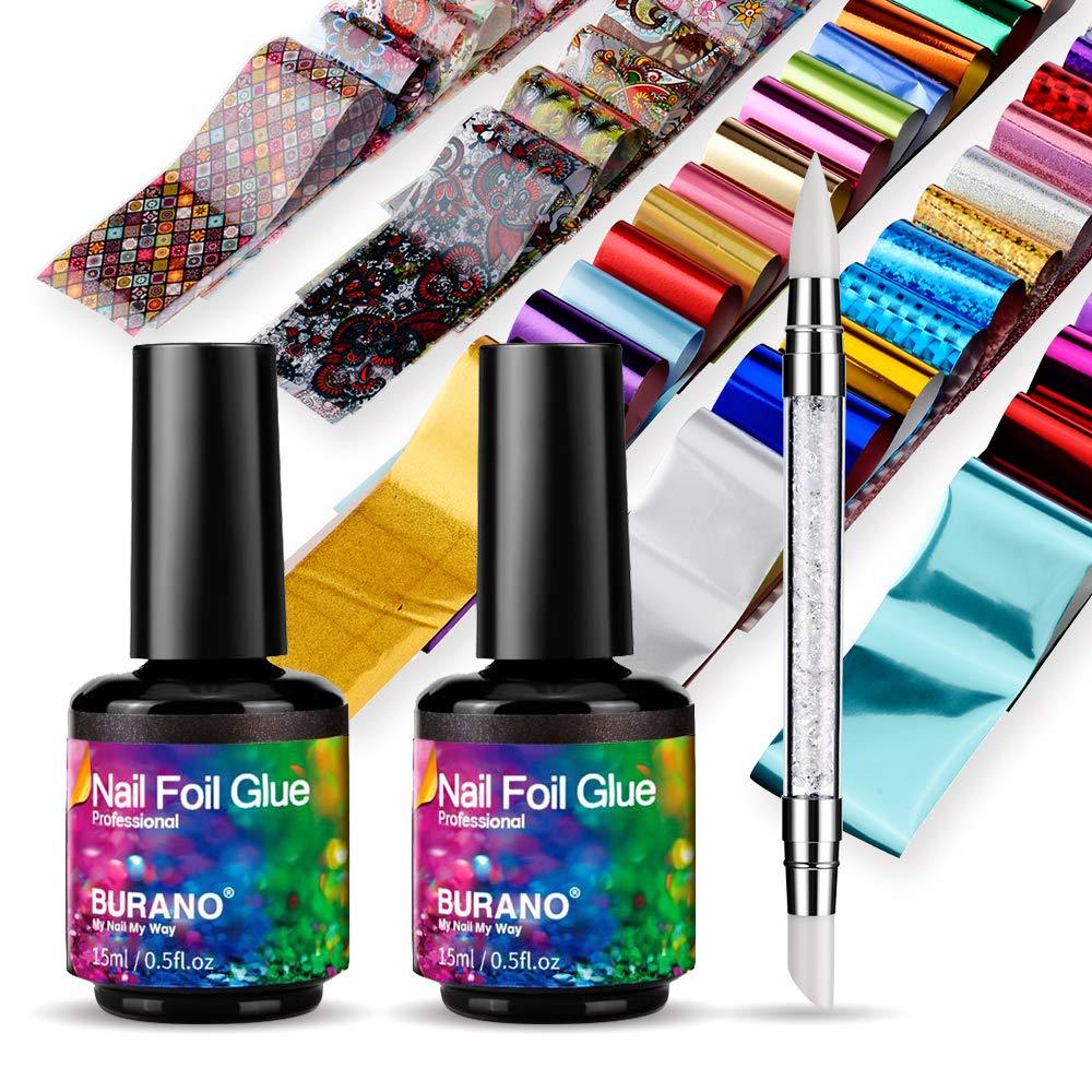 [Australia] - Burano Nail Art Foil Glue Gel, 15ML 2 Bottles with 60PCS Starry Sky Star Foil Stickers, Nail Transfer Tips Manicure Art UV LED Lamp Required… 