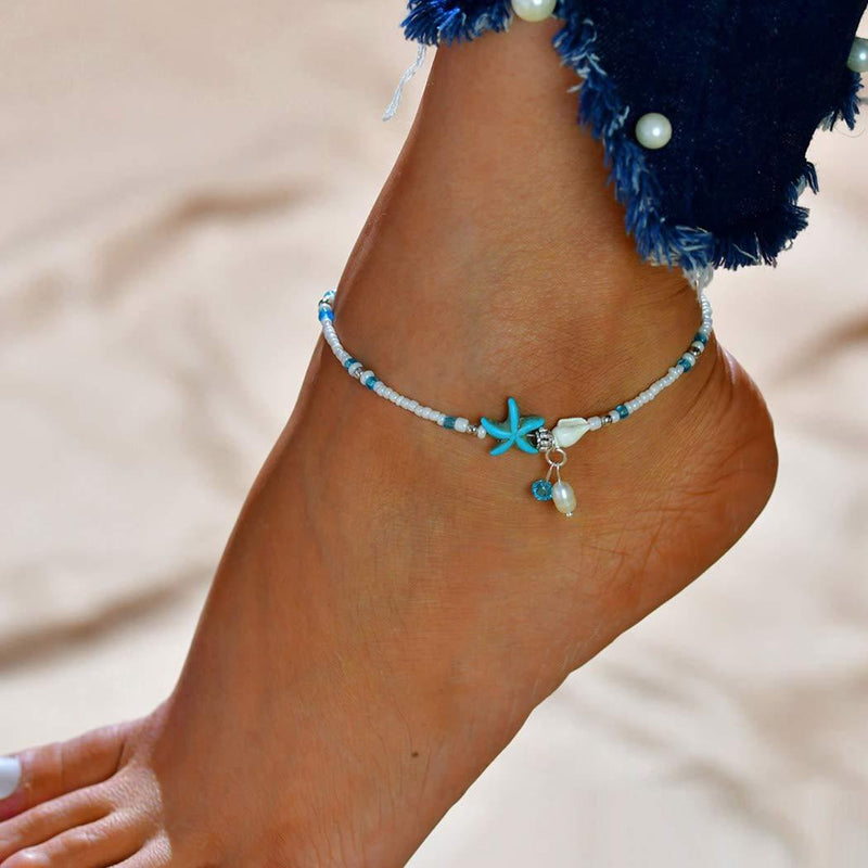 [Australia] - Jeweky Boho Starfish Anklets Blue Ankle Bracelets Pearl Chain Beach Foot Jewelry for Women and Girls 