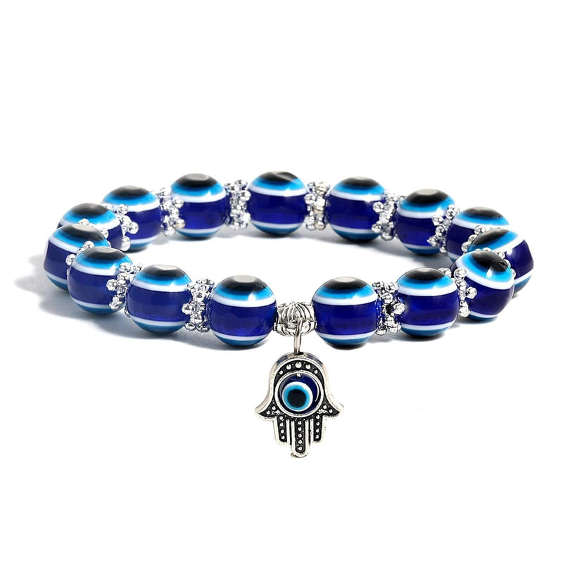 [Australia] - SUMMER LOVE Evil Eye Hamsa Blue Beaded Charm Stretch Bracelet Hand of Fatima Turkish Evil Eye Lucky Bracelet for Protection and Blessing 10mm evil eye 