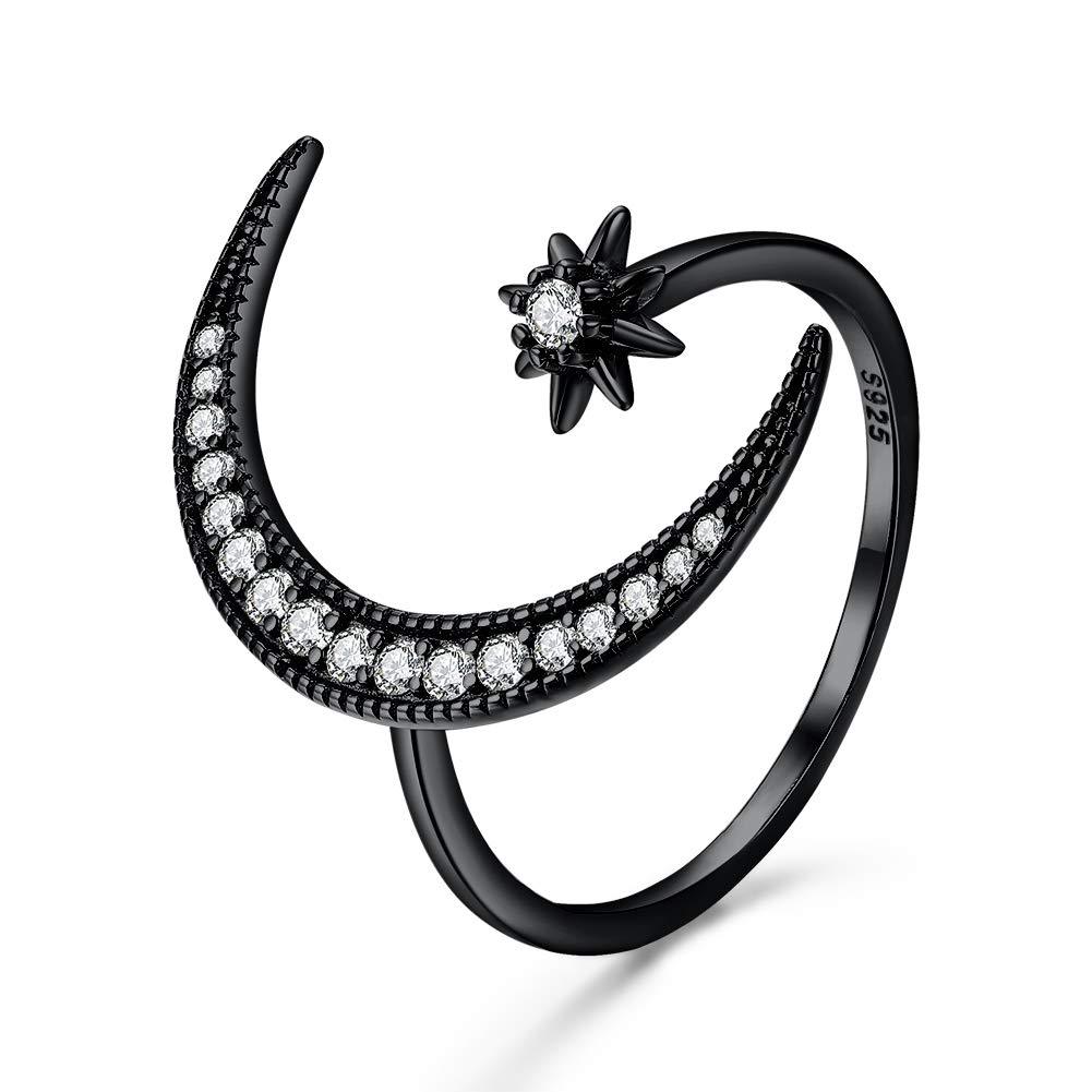 [Australia] - Angol Sterling Silver Crescent Moon Star Rings for Women Girls Adjustable Moon Ring 5A Cubic Zirconia Minimalist Ring Valentines Day Gift for Her with Box Black-white cz 6 