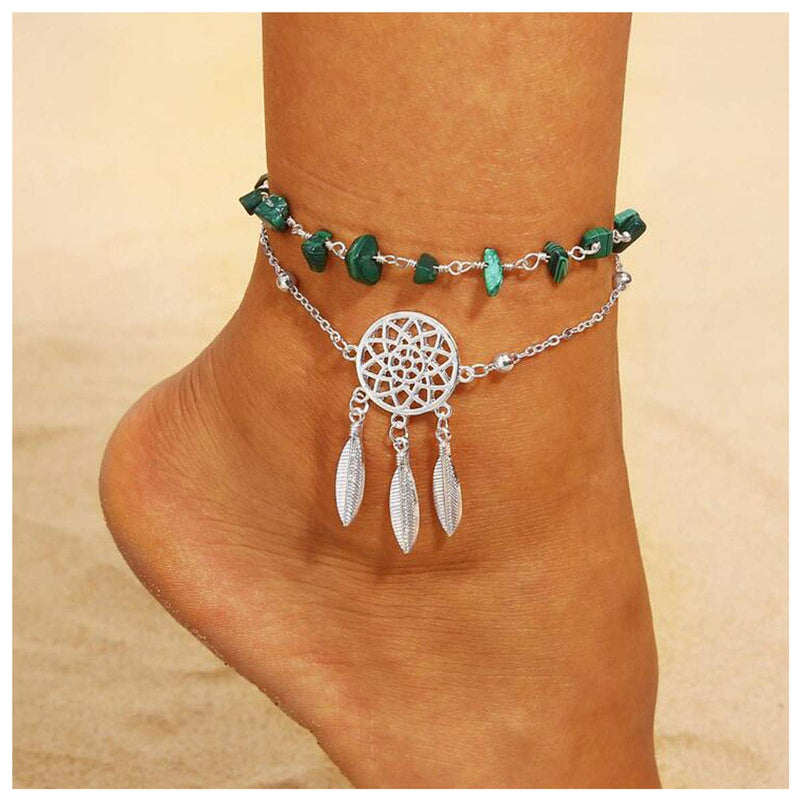 [Australia] - Lovogue Turquoise Feather Anklets for Women Girls Hollow Flower Plate Hand Sequins Tassels Foot Chain Geometric Leaf Beads Beach Anklet Jewelry #1 