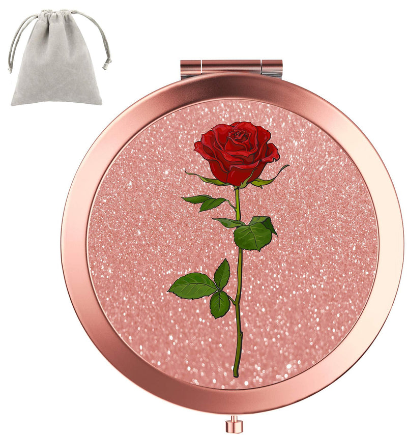 [Australia] - Dynippy Compact Mirror Round Rose Gold 2 x 1x Magnification Makeup Mirror for Purses and Travel Folding Mini Pocket Mirror Portable Hand for Girls Woman Mother - Red Rose 