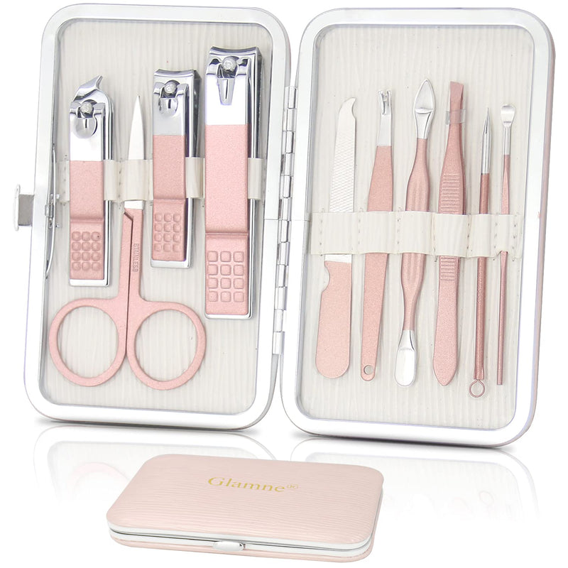 [Australia] - Glamne Manicure Pedicure Set Tools Professional Stainless Steel Nail Care Kits with Leather Travel Case Pink(10pcs) 10PCS 