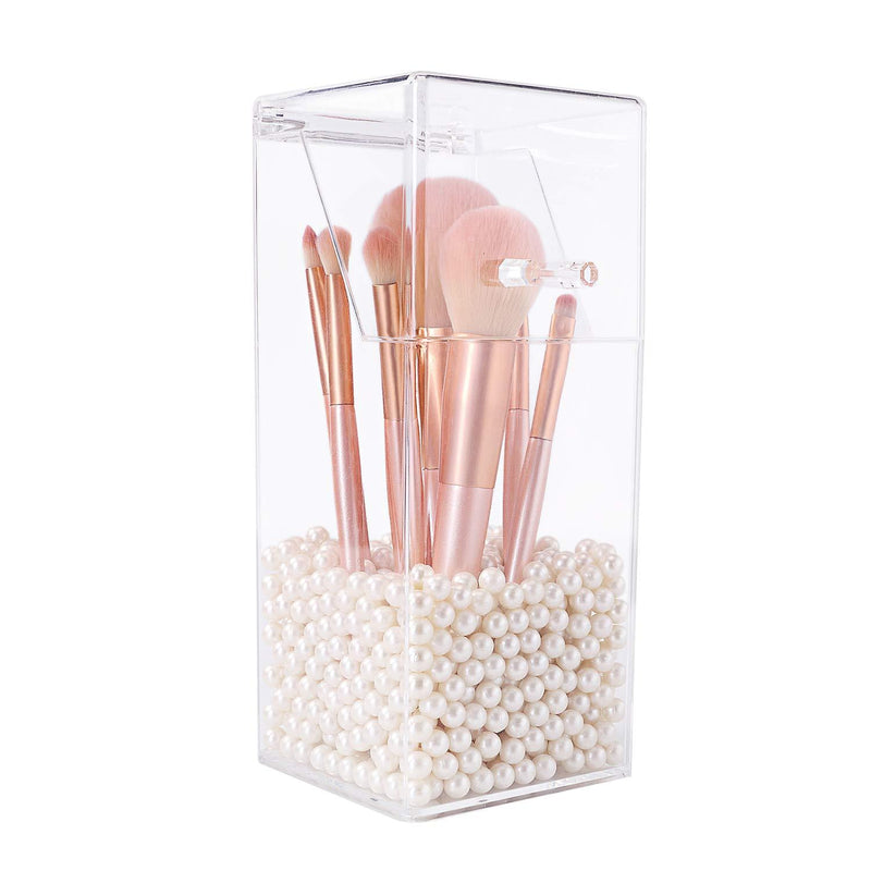 [Australia] - Shellkingdom Makeup Brush Holder,Clear Cosmetic Brushes Organizer for Storage Brushes with Lid and Pearl for Dressing Tables and Vanity (White pearl) White pearl 
