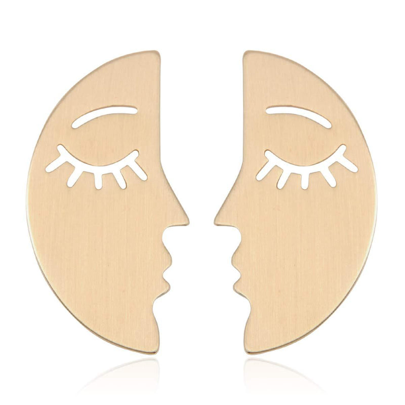 [Australia] - RIAH FASHION Bohemian Metallic Face Profile Head Necklace & Earrings - Trendy Geometric Cutout Outline Charm Chain Pendant Statement Jewelry Earrings - Moon Face Gold 