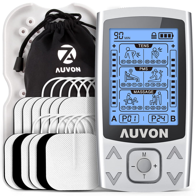 [Australia] - AUVON Dual Channel TENS EMS Unit 24 Modes Muscle Stimulator for Pain Relief, Rechargeable TENS Machine Massager with 12 Pads, ABS Pads Holder, USB Cable and Dust-Proof Storage Bag 