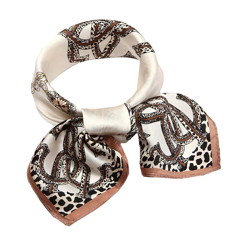 [Australia] - 100% Real Mulberry Silk Scarf -21'' x 21''- Lightweight Neckerchief –Women Men Small Square Digital Printed Scarves Beige Leopard 