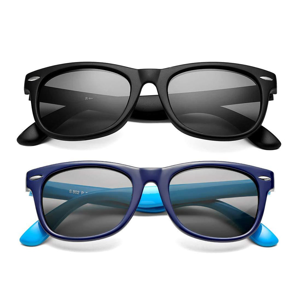 [Australia] - DeBuff Kids Polarized Sunglasses TPEE Rubber Flexible Frame for Boys Girls Age 3-10 2 Pack - (All Matte Black+blue) 45 Millimeters 