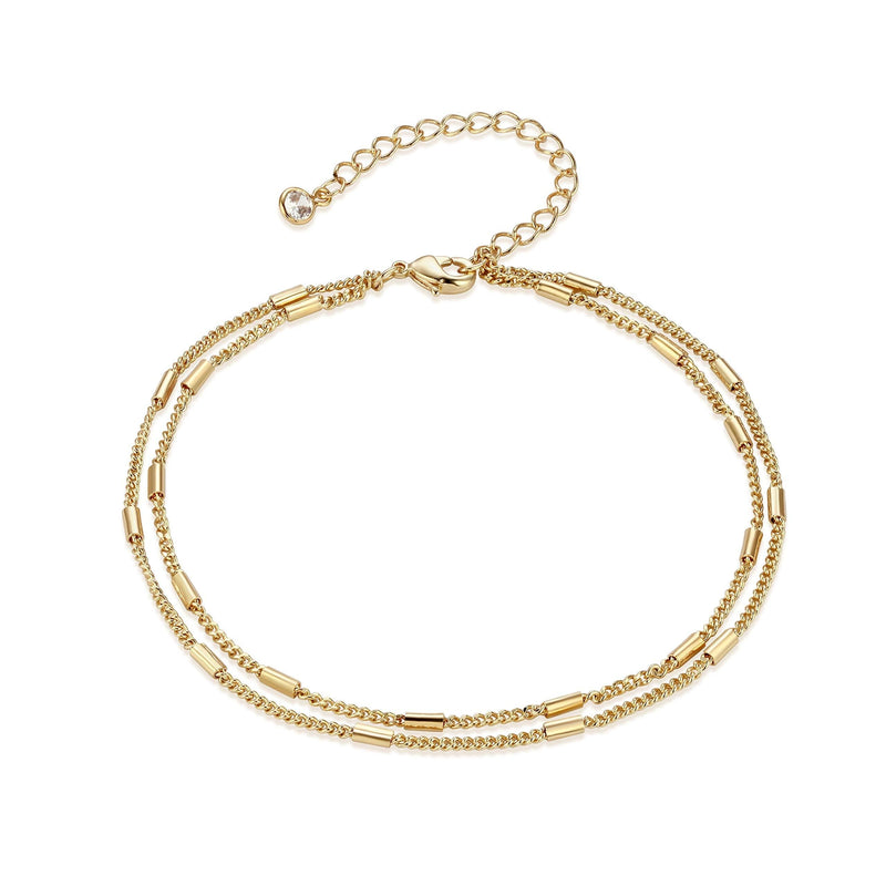 [Australia] - WEARON Women Dainty Anklet,14K Gold Plated Satellite Anklet Double Layered Cute Beads Chain Disc Summer Ankle Bracelet Boho Beach Foot Chain cylinder layered 
