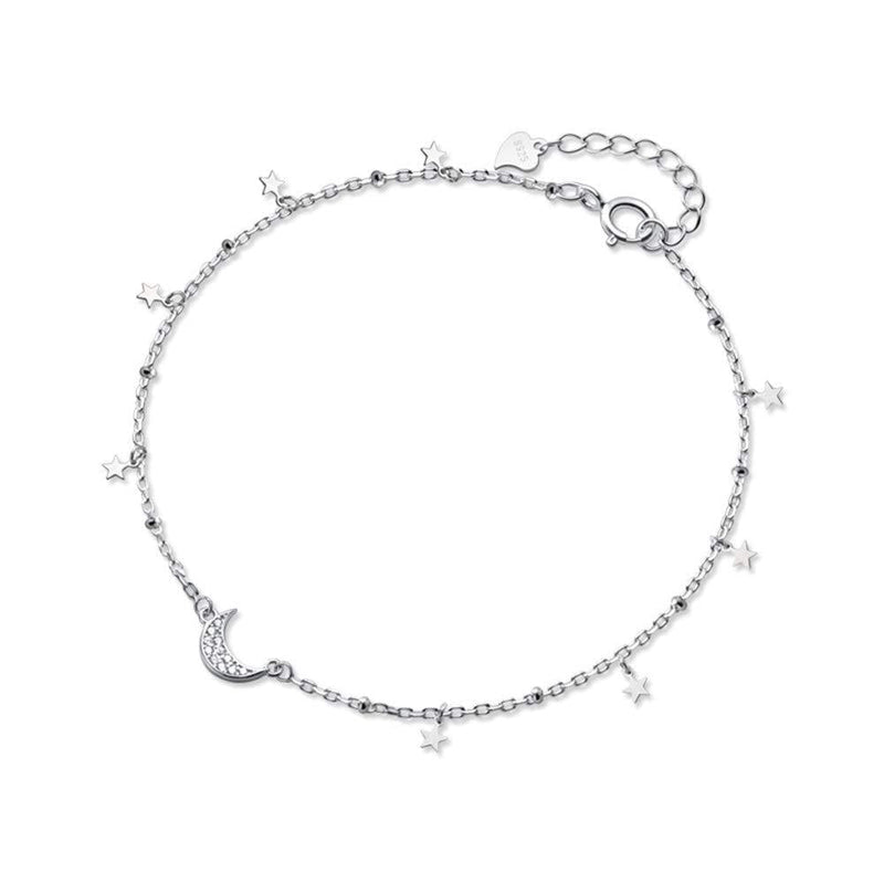 [Australia] - Dainty Star Crescent Moon Anklet Sterling Silver 925 Dangling Charm CZ Crystal Adjustable Foot Ankle Bracelet Sandbeach Party Foot Chain Summer Jewelry Gifts for Women Girls BFF 