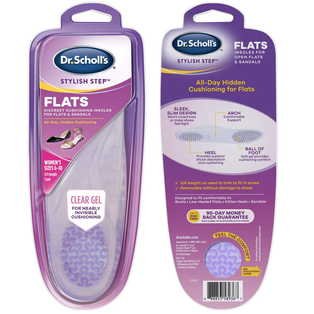 [Australia] - Dr. Scholl's Cushioning Insoles for Flats and Sandals, All-Day Comfort in Flats, Boots, (for Women's 6-10), New Clear Gel for Open Side Flats 