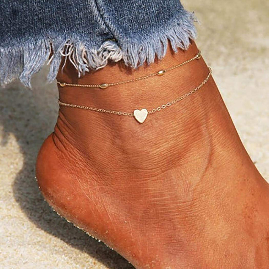 [Australia] - Jeweky Boho Double Love Heart Anklets Ankle Bracelets Chain Beach Foot Jewelry for Women and Girls (Gold) 