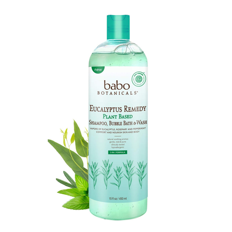 [Australia] - Babo Botanicals Eucalyptus Remedy Plant-Based 3-in-1 Shampoo, Bubble Bath & Wash - with Vapors of Eucalyptus, Rosemary & Peppermint - For Babies, Kids or Sensitive Skin - EWG Verified - 15 fl. oz. 