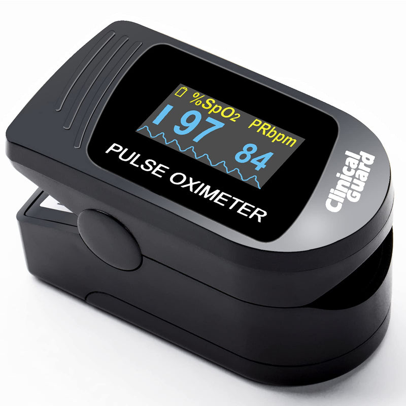 [Australia] - Clinical Guard 500S Deluxe Fingertip Pulse Oximeter Blood Oxygen Saturation Monitor with Heart Rate Tracker, OLED Display, Silicon Cover & Case, Midnight Black 