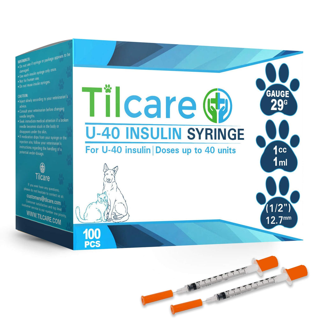 [Australia] - Tilcare U40 Pet Insulin Syringes with Needle 29 G 1 cc 12.7 mm 1/2" 100-Pack – Latex-Free Diabetic Syringes - Ultra Fine Sterile Medical Syringe for Diabetes Individually Blister Packed for Safety 