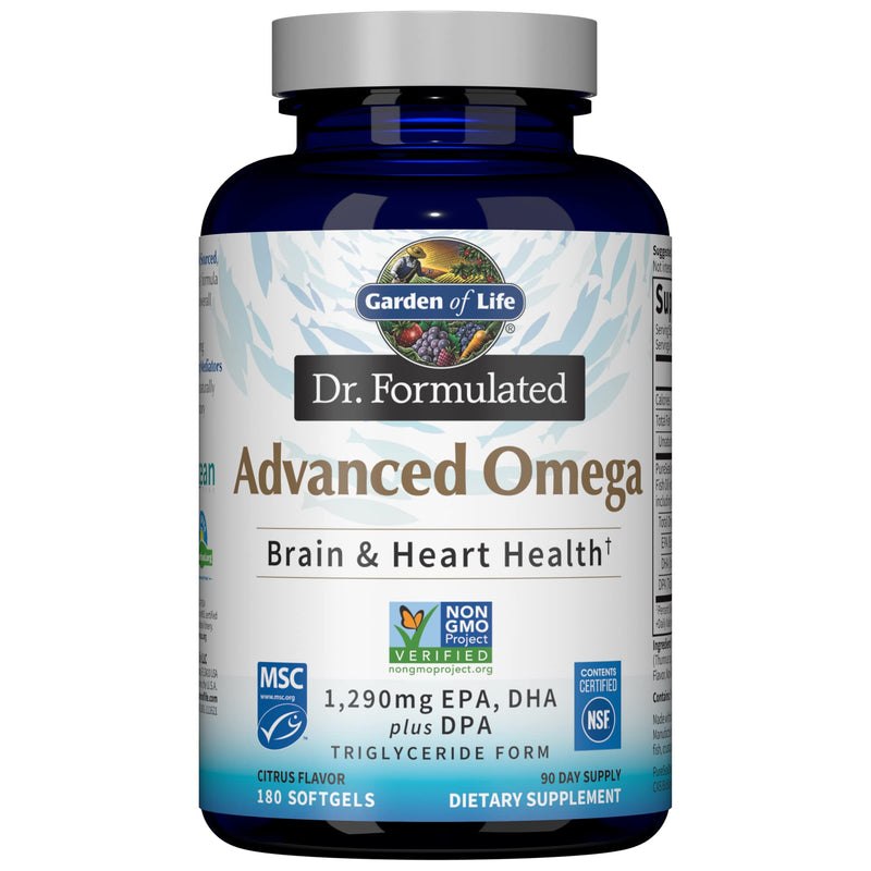 [Australia] - Garden of Life Dr. Formulated Advanced Omega Fish Oil - Lemon, 1,290mg EPA, DHA + DPA in Triglyceride Form, Single Source Omega 3 Supplement for Ultimate Brain & Heart Health, Non-GMO, 180 Softgels 180 Count (Pack of 1) 