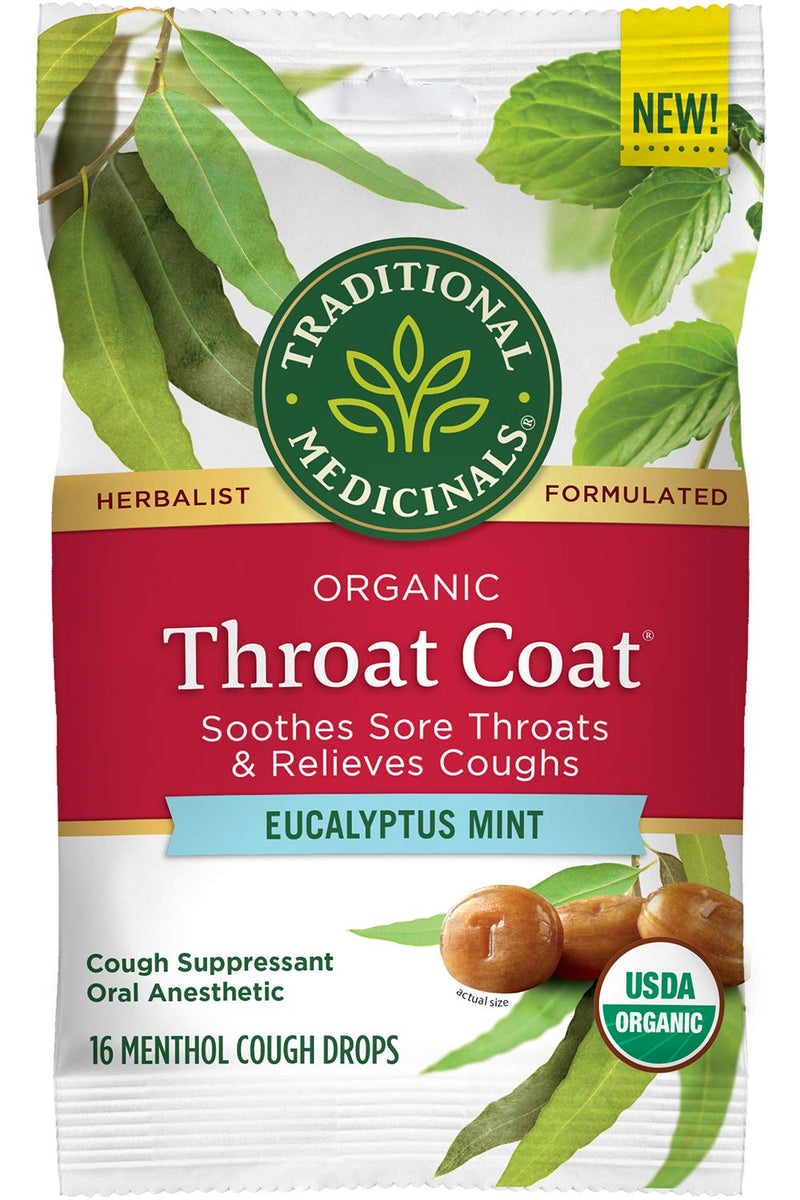 [Australia] - Traditional Medicinals Throat Coat Organic Cough Drops, Eucalyptus Mint with Menthol, Soothes Sore Throats & Relieves Coughs, 16ct. 