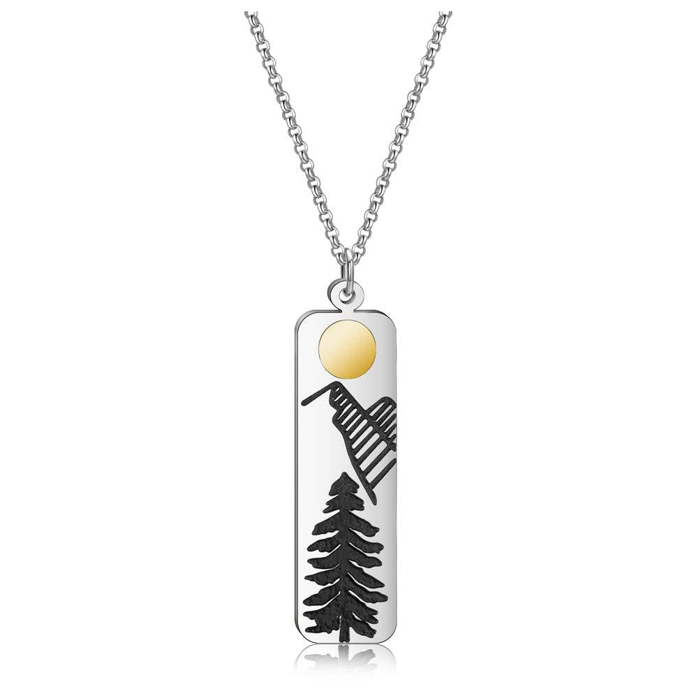 [Australia] - Detailed Gold Sun and Mountain Necklace with Pine Tree Adventure Travel Jewelry 