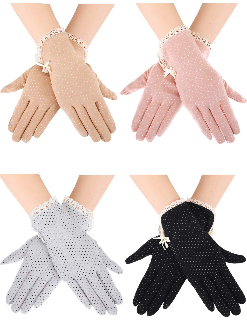 [Australia] - 4 Pairs Summer UV Protection Sunblock Gloves Non-slip Touchscreen Driving Gloves Bowknot Floral Gloves for Women Girls (Black, Grey, Khaki, Pink) 