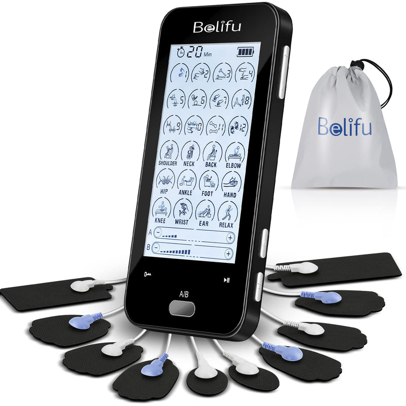 [Australia] - Belifu Dual Channel Tens Unit Electro Muscle Stimulator, Fully Isolated with Independent 24 Modes, Rechargeable Pulse Massager with Electrodes Pads for Neck Back Arms Chronic Pain Relief Body Building 