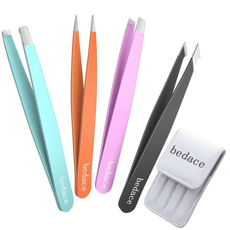 [Australia] - Tweezers For Women,bedace christmas gifts 4 Pack Precision Tweezers For Eyebrows,Professional Slant Tip Tweezer Set For Ingrown Hair, Plucking Daily Beauty Tool with Leather Travel Case 