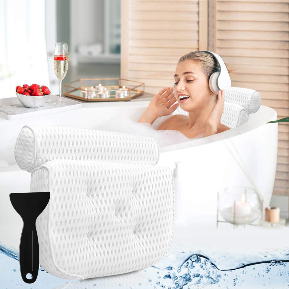 [Australia] - Bath Pillow Bathtub Pillow - Bath Pillows for Tub with Neck, Head, Shoulder and Back Support - 4D Air Mesh Spa Pillow for Bath - Extra Thick, Soft and Quick Dry 14 x 13.5 Inch 