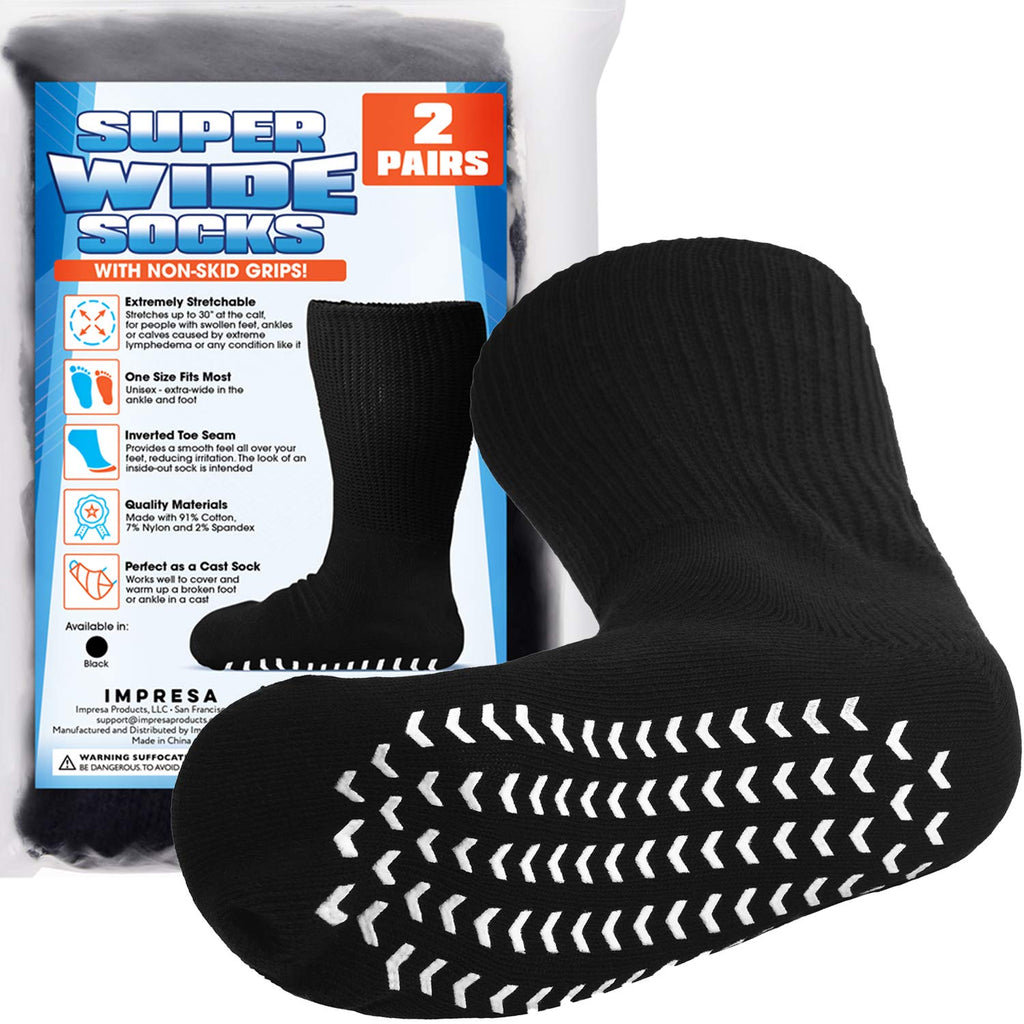 [Australia] - 2 Pairs of Super Wide Socks With Non-Skid Grips for Lymphedema - Bariatric Sock - Oversized anti-slip Sock Stretches up to 30'' Over Calf for Swollen Feet and Mens and Womens Legs - One Size Unisex 