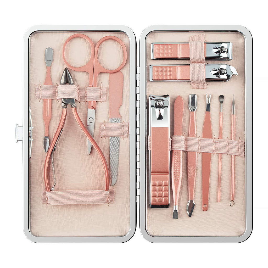 [Australia] - Manicure Set, 12 In 1 Stainless Steel Professional Pedicure Kit Nail Scissors Grooming Kit with Pink Leather Travel Case Pink 