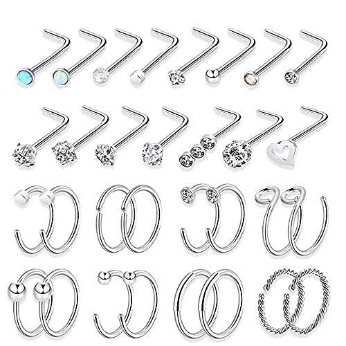 [Australia] - Hypoallergenic 20G Nose Ring Hoop Surgical Steel L-Shaped Nose Rings Studs Screw Nose Piercing Jewelry Hoop Nose rings for Women(gold silver black colored) 31pcs Silver C 