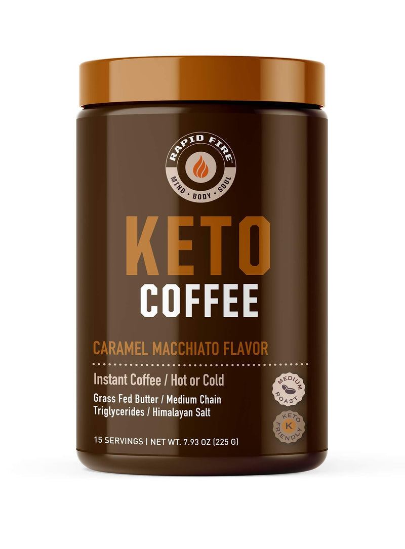 [Australia] - Rapidfire Ketogenic Fair Trade Instant Keto Coffee Mix, Supports Energy, Metabolism, and Weight Loss, Grass Fed Butter, MCTs & Himalayan Salt, 15 servings, Caramel Macchiato Flavor, 7.93 Ounce 