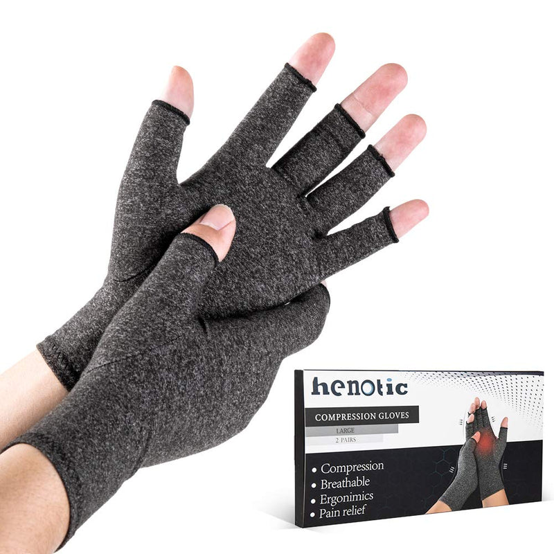 [Australia] - HENOTIC 2 Pairs Arthritis Compression Gloves for Women Men, Fingerless Breathable & Moisture Wicking Compression Gloves for Relieving Carpal Tunnel Aches, Rheumatoid Pains, Joint Swell Two Pairs Large (2 Pair) 