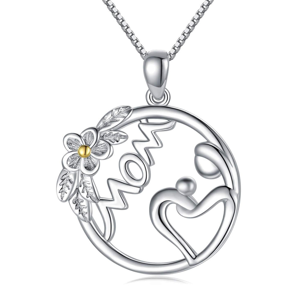 [Australia] - LONAGO 925 Sterling Silver Mom Heart Carnation Flower Necklace I Love You Mom Pendant Grandma Women Wife Jewelry Mother's Day Birthday Gift Mom & Child 