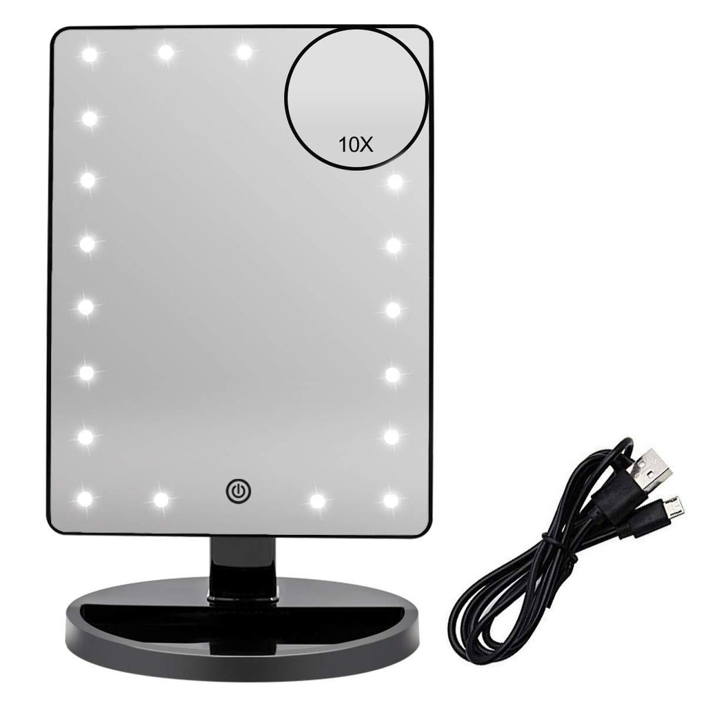 [Australia] - BUENOLIFE Makeup Mirror with Lights, Lighted Vanity Mirror with 21 Led Tabletop Mirror Light Adjustable, Dual Power Cosmetic Mirror with Touch Screen Dimming, Detachable 10X Magnification-Black Black 