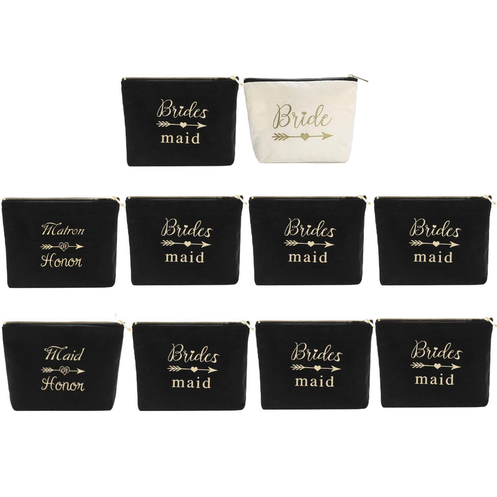 [Australia] - Pack of 10 Multi-Purpose Canvas Makeup Bags Include 1 Bride Bag 1 Maid of Honor Bag 1 Matron of Honor Bag and 7 Bridesmaid Bag Wedding Party Cosmetic Bags Zippered Bridesmaid Proposal Gifts (Black) Black 