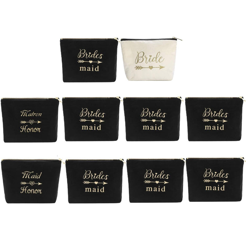 [Australia] - Pack of 10 Multi-Purpose Canvas Makeup Bags Include 1 Bride Bag 1 Maid of Honor Bag 1 Matron of Honor Bag and 7 Bridesmaid Bag Wedding Party Cosmetic Bags Zippered Bridesmaid Proposal Gifts (Black) Black 