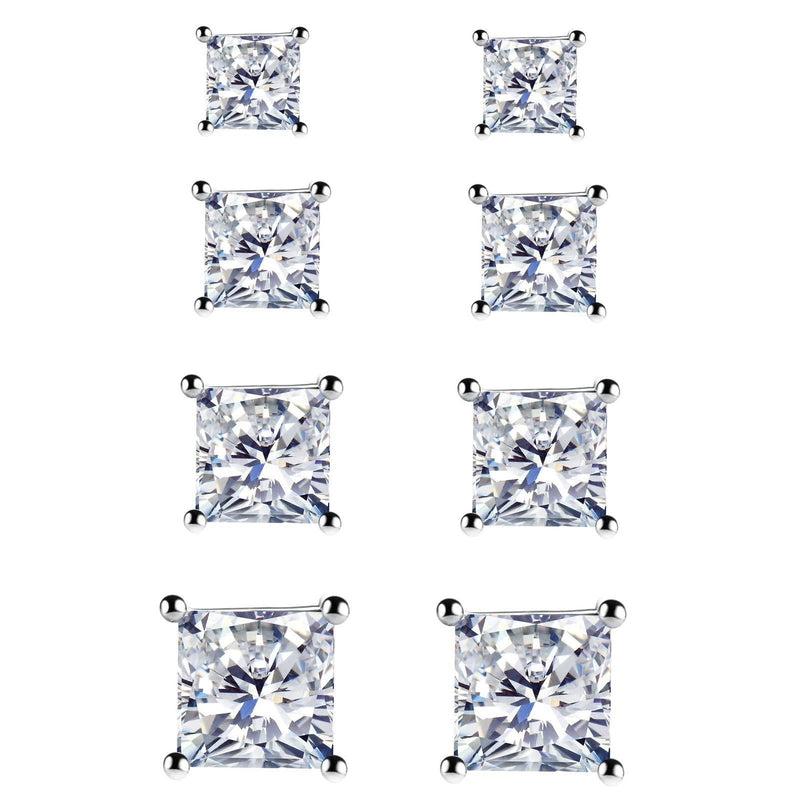 [Australia] - 925 Sterling Silver Stud Earrings - 4 Pairs Square Cut Cubic Zirconia Stud Earrings Hypoallergenic Stud Earrings Set for Women Men Girls Gifts 3mm 4mm 5mm 6mm A:Silver 3mm 4mm 5mm 6mm 