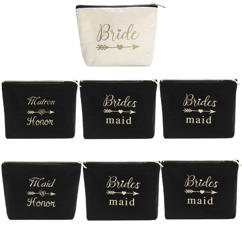 [Australia] - Pack of 7 Canvas Makeup Bags Include 1 Bride Bag 1 Maid of Honor Bag 1 Matron of Honor Bag and 4 Bridesmaid Bag Wedding Bridal Shower Party Zippered Cosmetic Bags Bridesmaid Proposal Gifts (Black) Black 