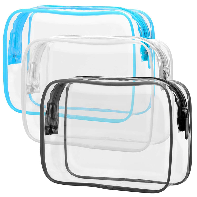 [Australia] - Clear Toiletry Bag, Packism 3 Pack TSA Approved Toiletry Bag Quart Size Bag, Travel Makeup Cosmetic Bag for Women Men, Carry on Airport Airline Compliant Bag Black, White, Blue 