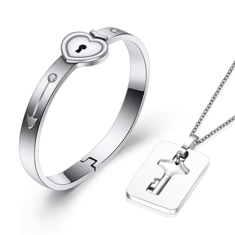 [Australia] - His Hers Love Heart Key Lock Bangle Bracelet Tag Pendat Necklace Set in a Gift Box large size 
